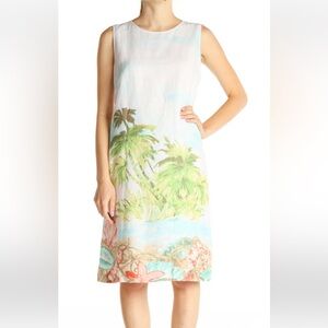 J. Jill Love Linen Sleeveless Dress Tropical Palm‎ Print Pockets Petite Size XS